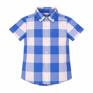 Primary Blue White Button Down Shirt Kids Boys Cotton Gingham Checkered Size 4 5